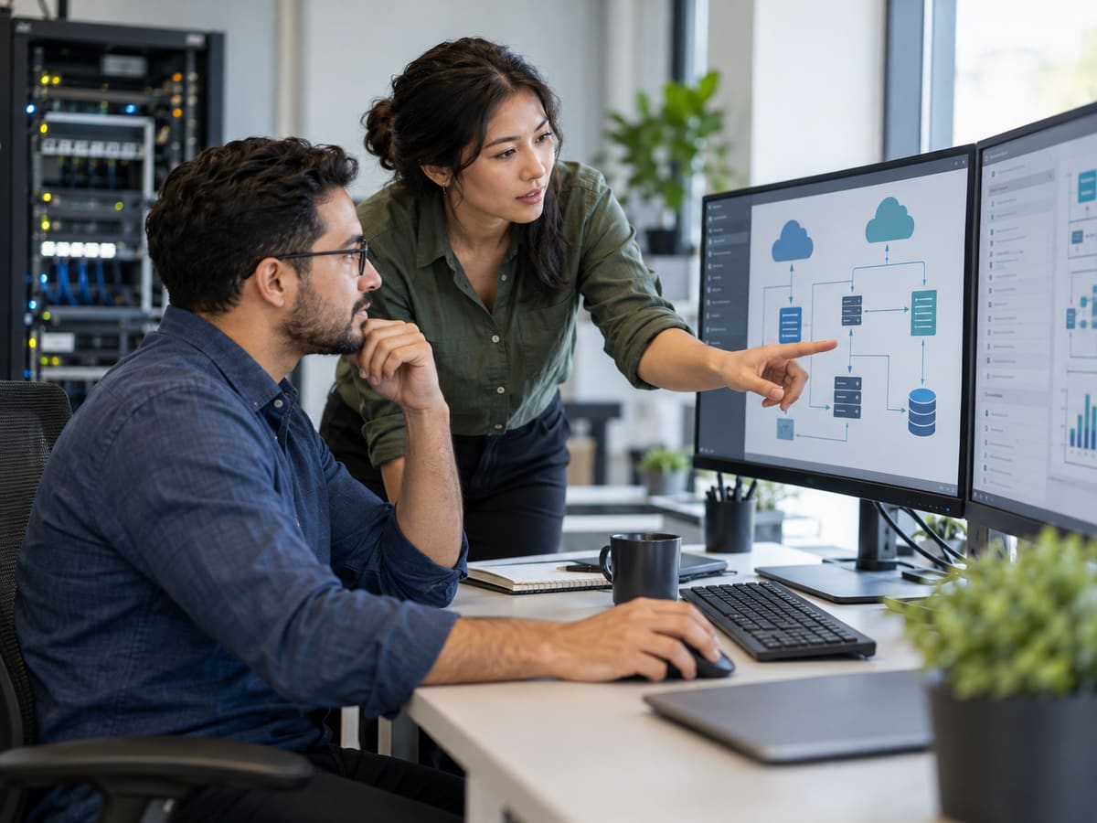 Two people review a cloud infrastructure diagram across two desktop monitors.