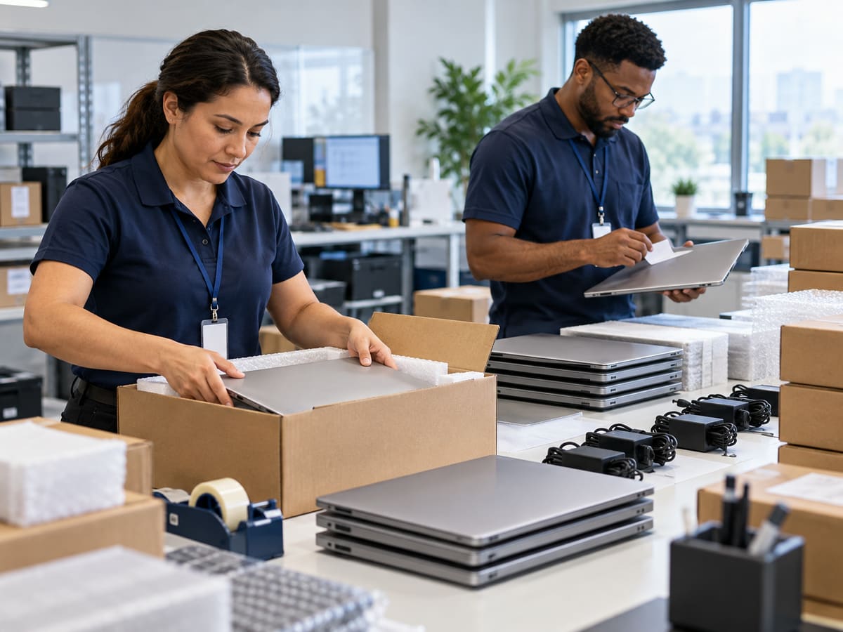 Technician preparing labeled laptops and accessories for employee deployment.