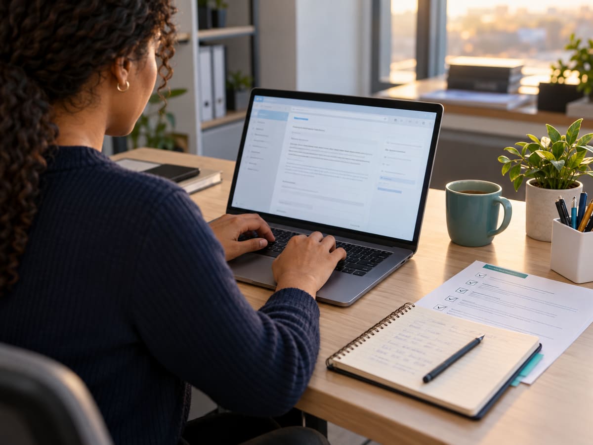 A person records case notes on a laptop beside an organized checklist and notebook.
