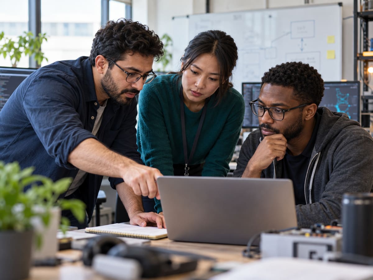 Three people gather around a laptop to review a complex technical issue.
