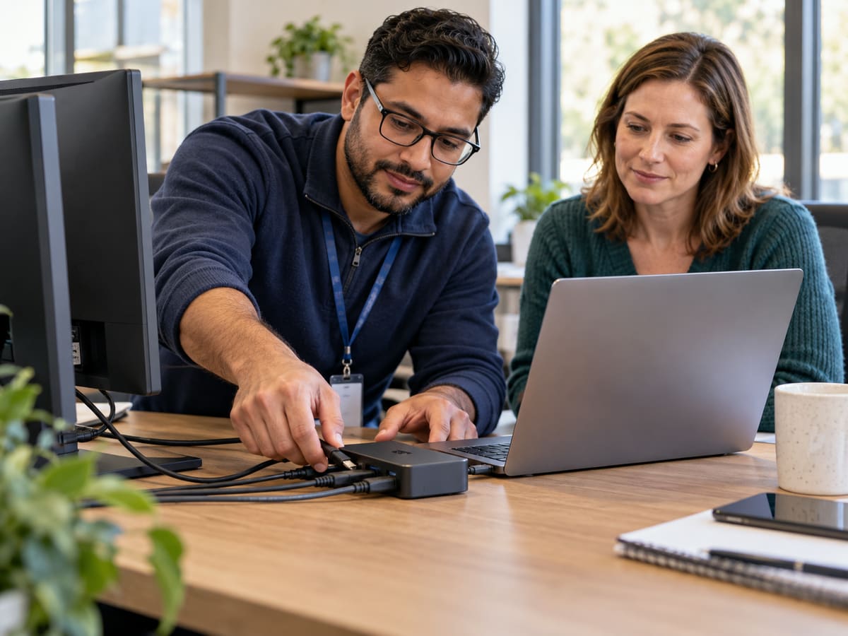 Two people test a laptop connection through a compact docking station.