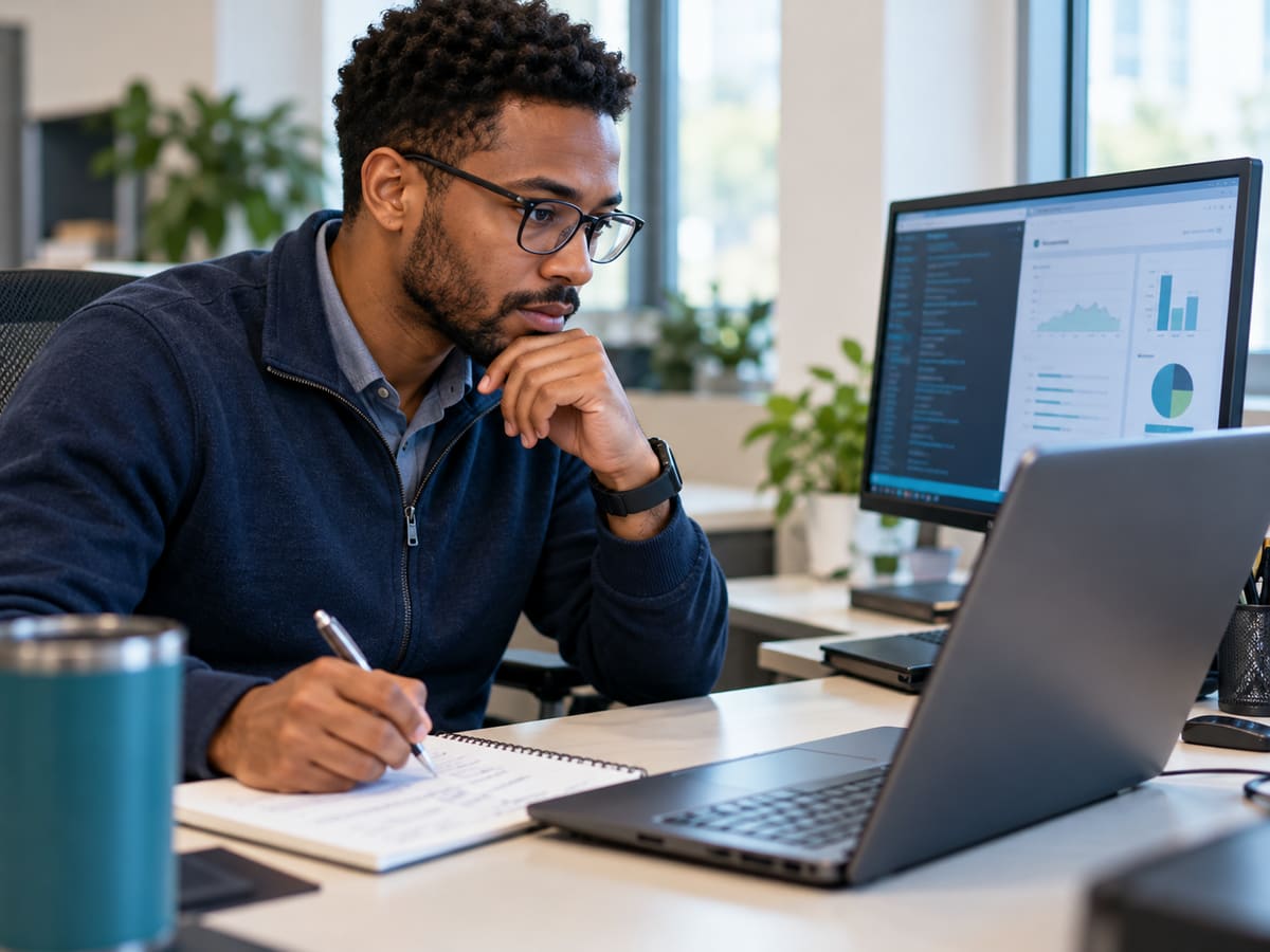 A person compares system information on two screens while taking diagnostic notes.