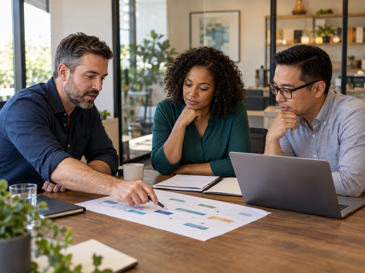 Three people discuss a printed technology roadmap beside a laptop.